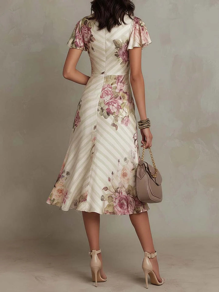 Alba - Elegancka Retro Kwiatowa Midi Sukienka Satynowa