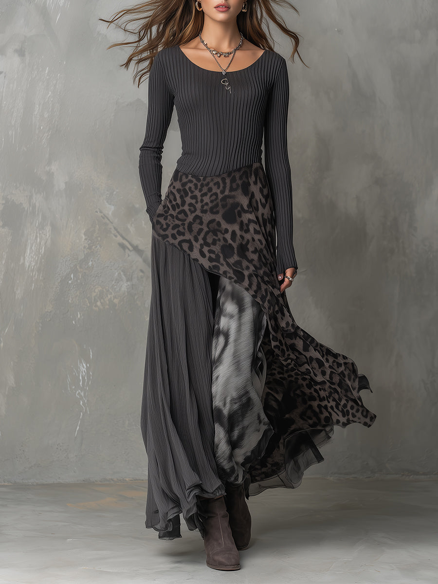 Martina - Długa sukienka w stylu boho z leopardzim wzorem