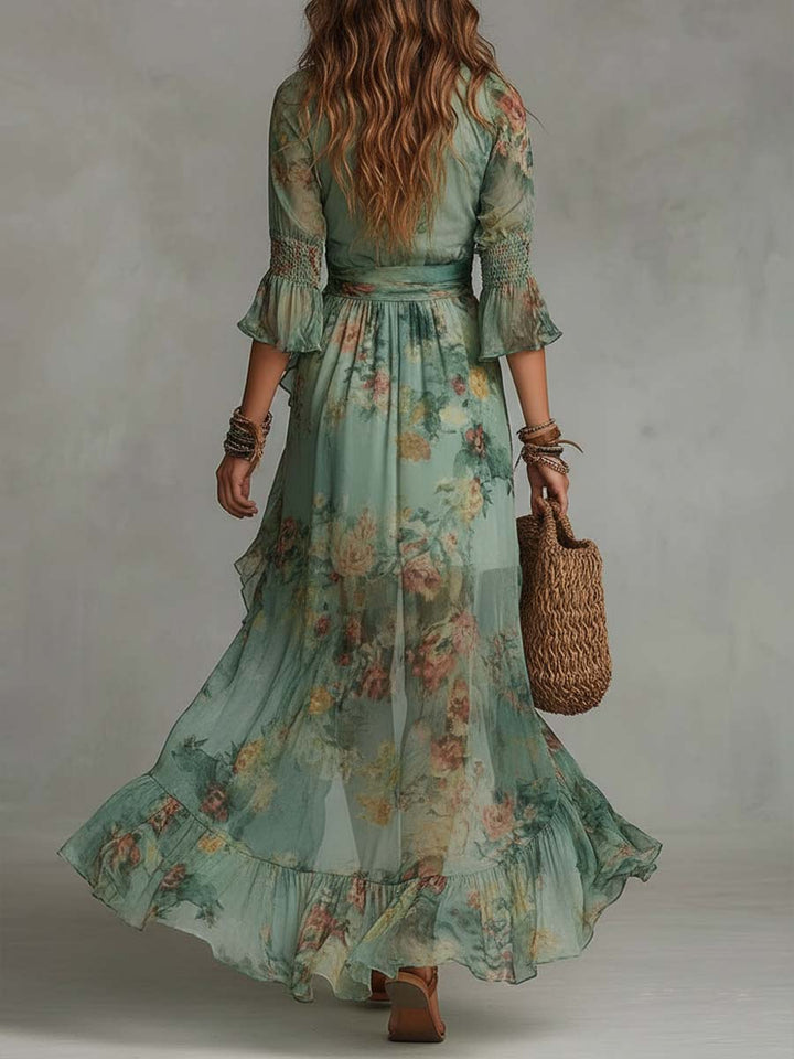 Aurora – Boho Kwiatowa Sukienka Maxi z Romantycznym Asymetrycznym Dołem
