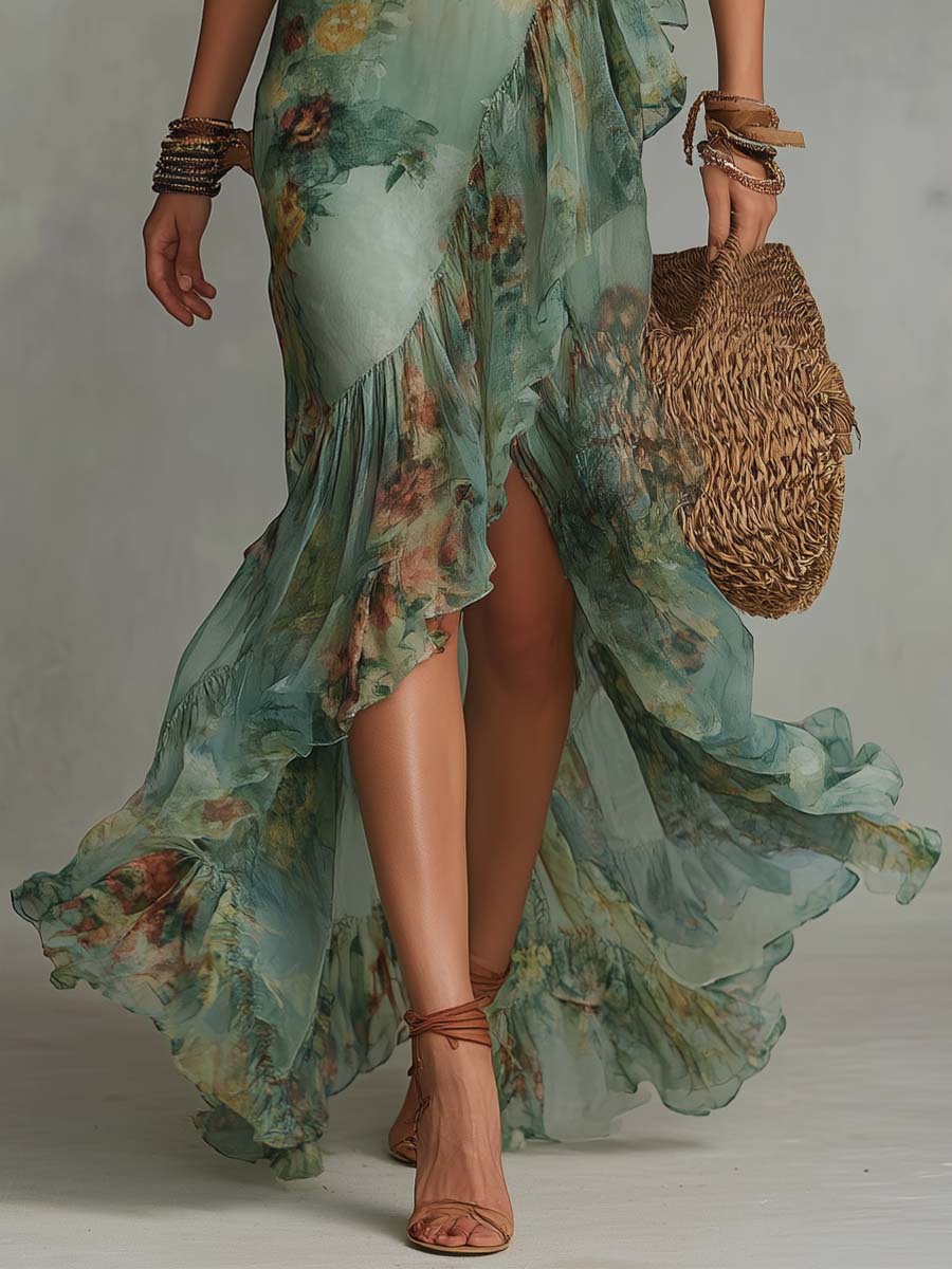 Aurora – Boho Kwiatowa Sukienka Maxi z Romantycznym Asymetrycznym Dołem