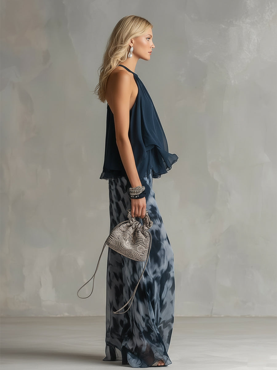 Ludovica - Elegancki zestaw z szyfonu z topem o wysokim kołnierzu i szerokimi spodniami w print