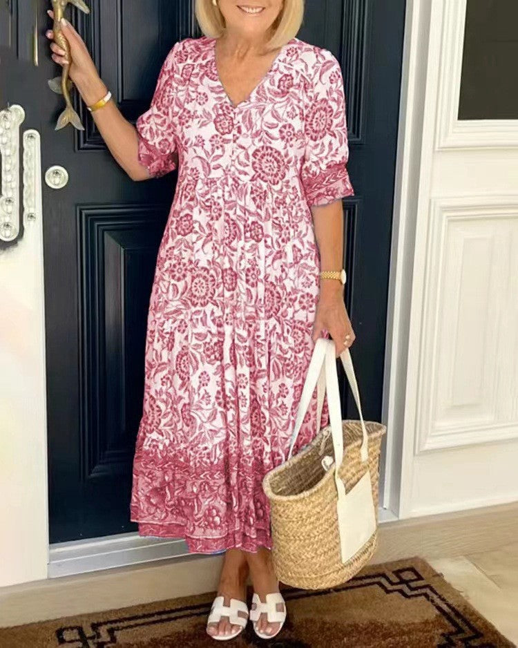 Stella - Elegancka Sukienka w Kwiaty z Dekoltem w Serek