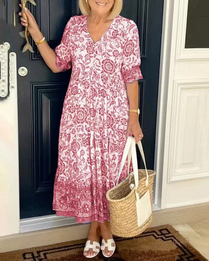 Stella - Elegancka Sukienka w Kwiaty z Dekoltem w Serek