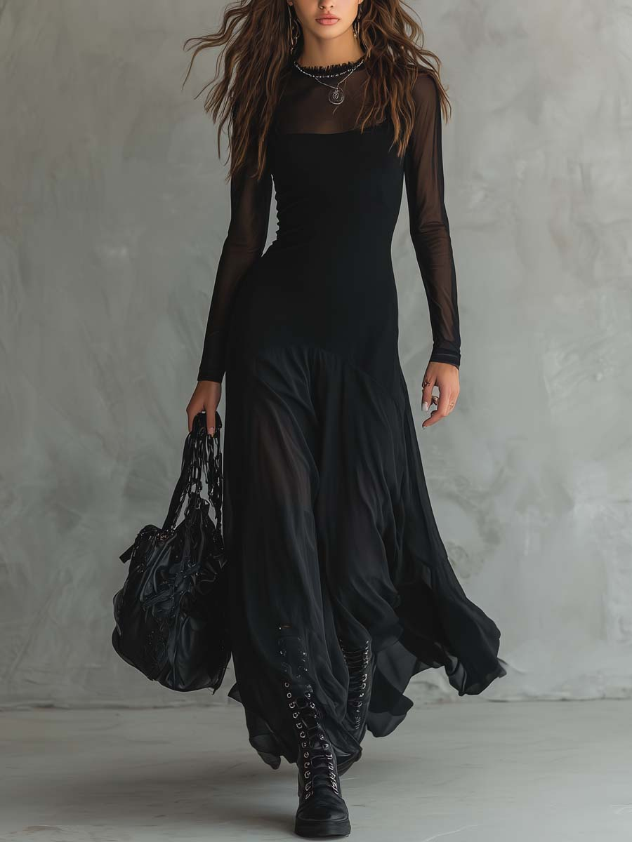 Czarna Sukienka Maxi z Tulle w Luźnym Kroju
