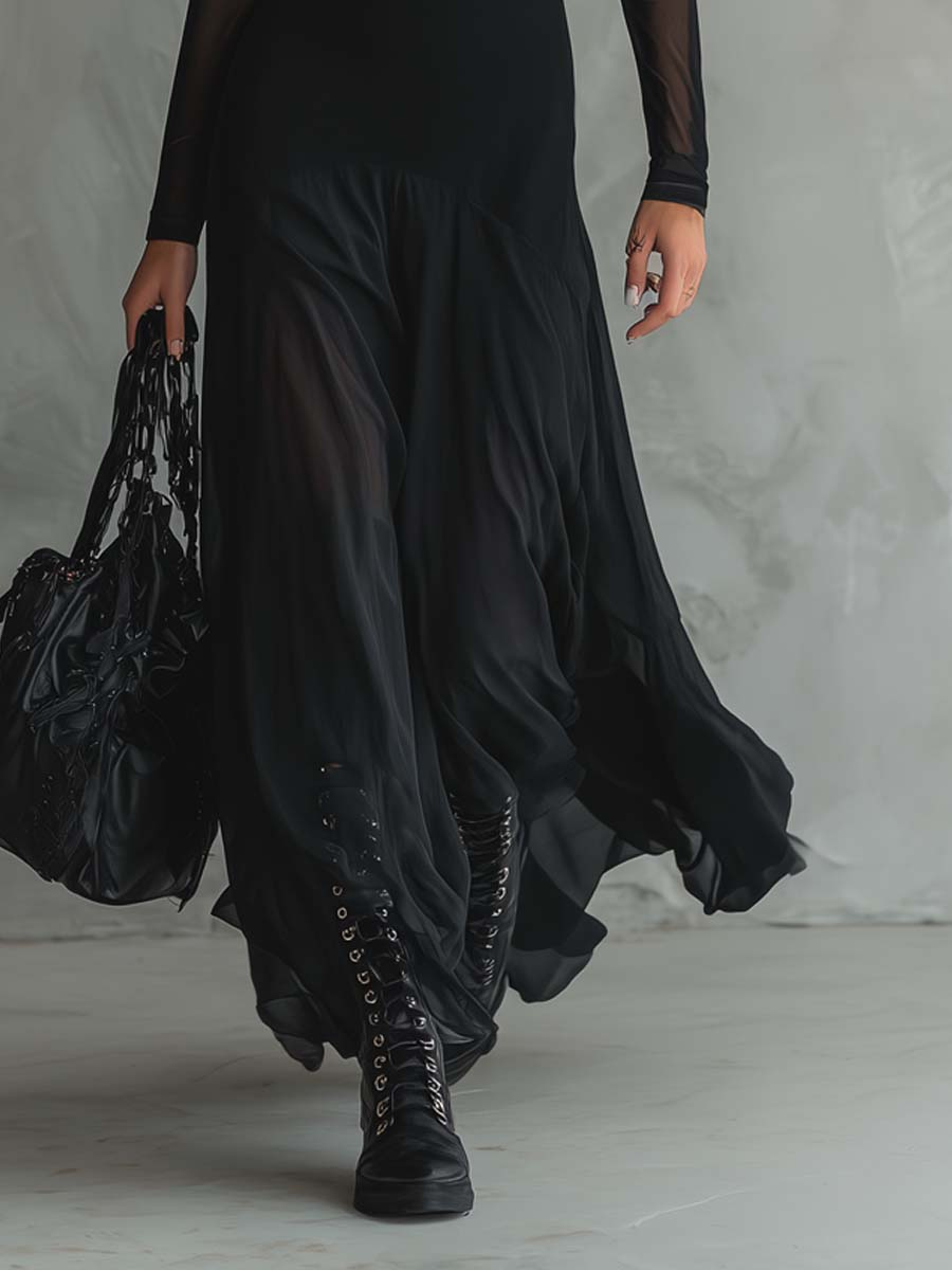Czarna Sukienka Maxi z Tulle w Luźnym Kroju