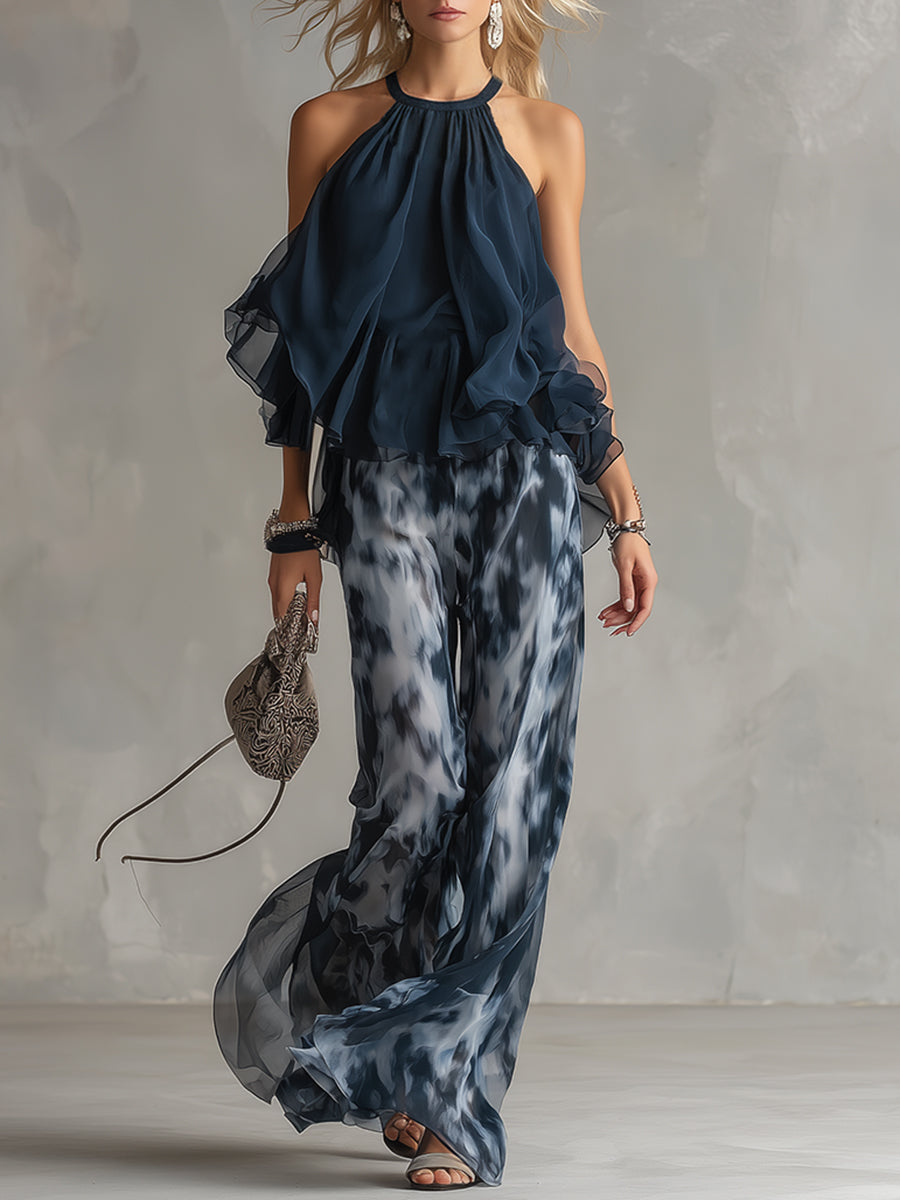 Ludovica - Elegancki zestaw z szyfonu z topem o wysokim kołnierzu i szerokimi spodniami w print