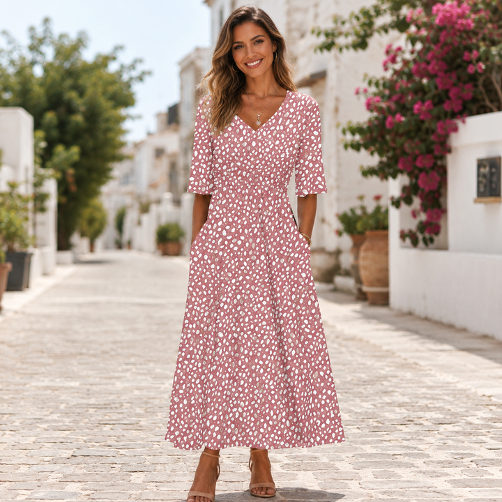 Monika - Elegancka Midi Sukienka z Maskującym Brzuch Designem