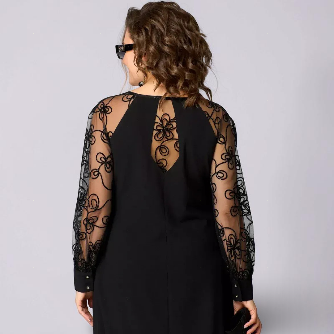 Natalia - Elegancka czarna sukienka z koronkowymi rękawami